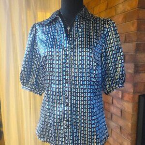 Blue Multi Pattern Satin-Like Shimmer Blouse - Size M